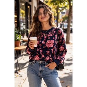 Isaac Mizrahi Live Floral Jacquard Sweater XS Navy Pink Kangaroo Pocket Knit Top